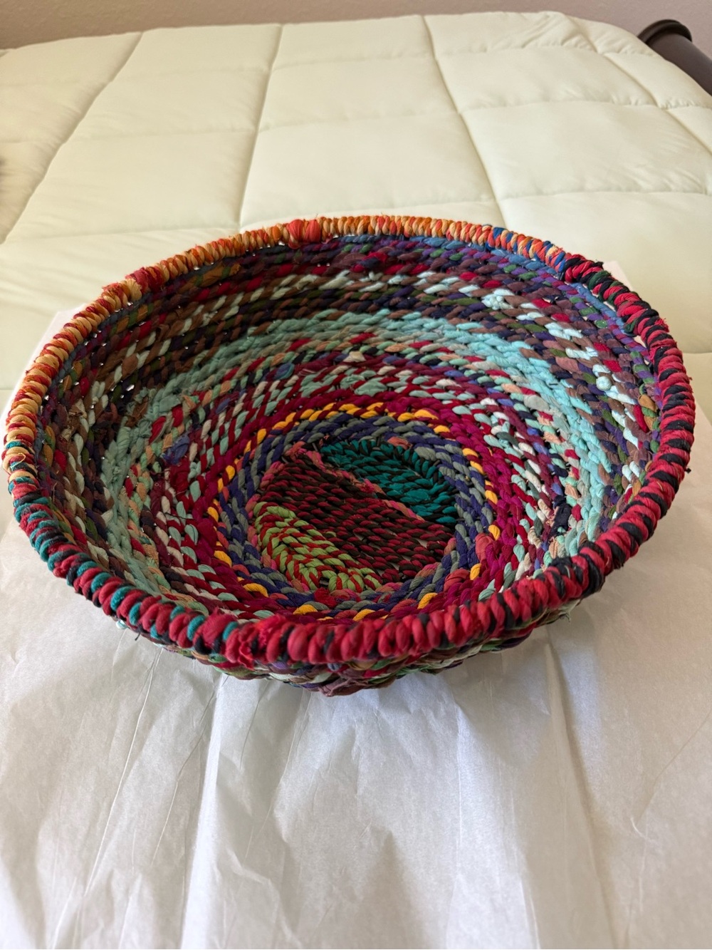 Handwoven Multicolor Fabric Coil Bowl - Home Accents. Boho.